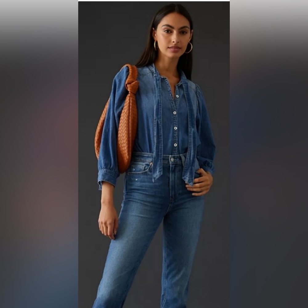 Pilcro Blue Denim Button-Up Top with bow